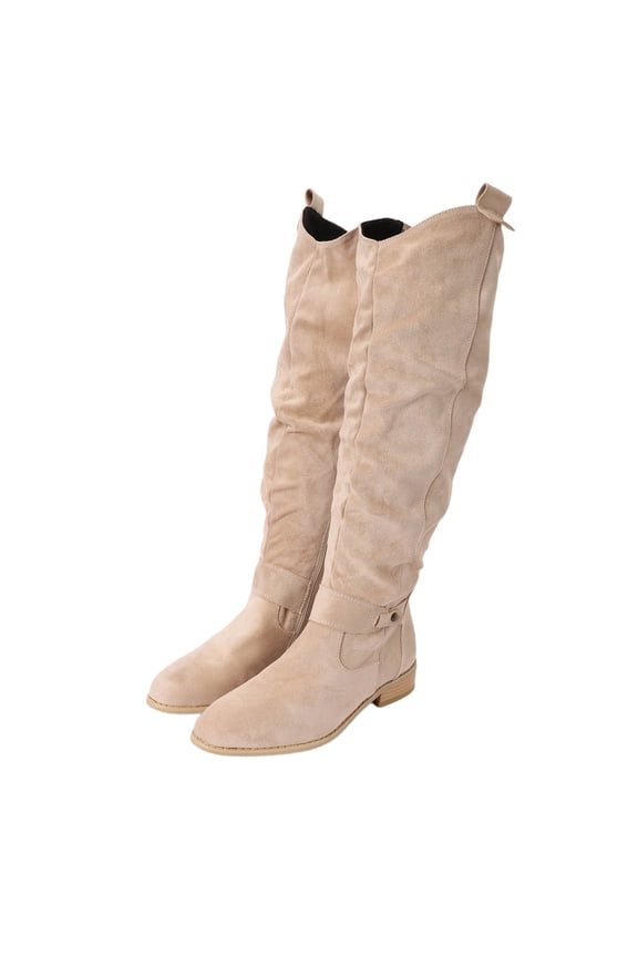 Women Knee High Boots Slouchy Ruched Suede Wide Calf Solid Block Low Heels Round Toe Buckle Strap Studded Pull Tab Side Zipper Booties Comfortable Casual Dressy Shoes