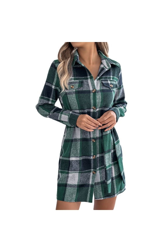 Women Long Sleeve Jacket Button Down Flannel Plaid Tunic Dresses With Belt Casual Shirt Dress Collared Long Coats