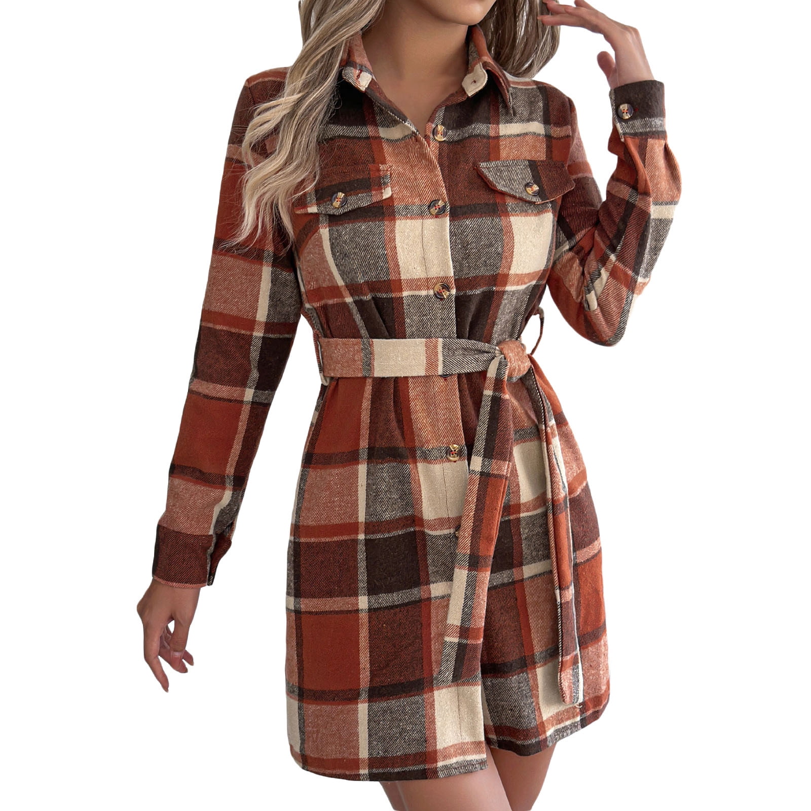 Shadoumai Women Long Sleeve Jacket Button Down Flannel Plaid Tunic Dresses With Belt Casual Shirt Dress Collared Long Coats, Women's, Size: Large, Shadoumai Women Long Sleeve Jacket Button Down Flannel Plaid Tunic Dresses With Belt Casual Shirt Dress Collared Long Coats, Women's, Size: Large,