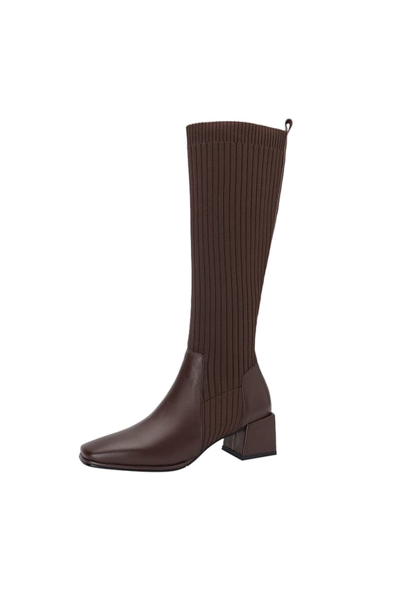 Women Mid Calf Boots Fall and Winter Fashion Stretch Knitted Leather Stitching Pure Color Comfortable Square Toe Square Heel Rain Booth Woman