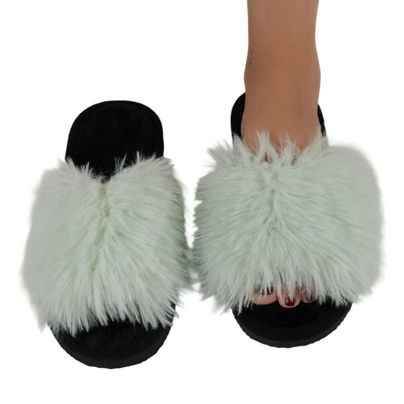 Shadoumai Women Open Toe Slippers with Ball, Girl Furry Cozy Warm House Slipper, Soft Flat Slide Sandals for Women Indoor Outdoor