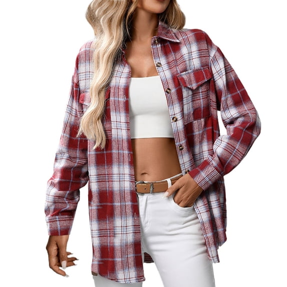 Shadoumai Women Plaid Shirt Jacket Seams Raw Edge Washed Oversized Shirt Jacket With Pockets Flannel Button Down Long Sleeve