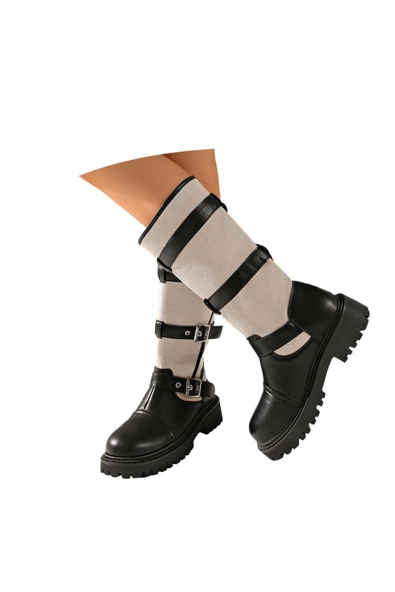 Women Platform Heel Mid Calf Riding Boots | Vintage Patchwork Buckle Knight Motorcycle Shoes