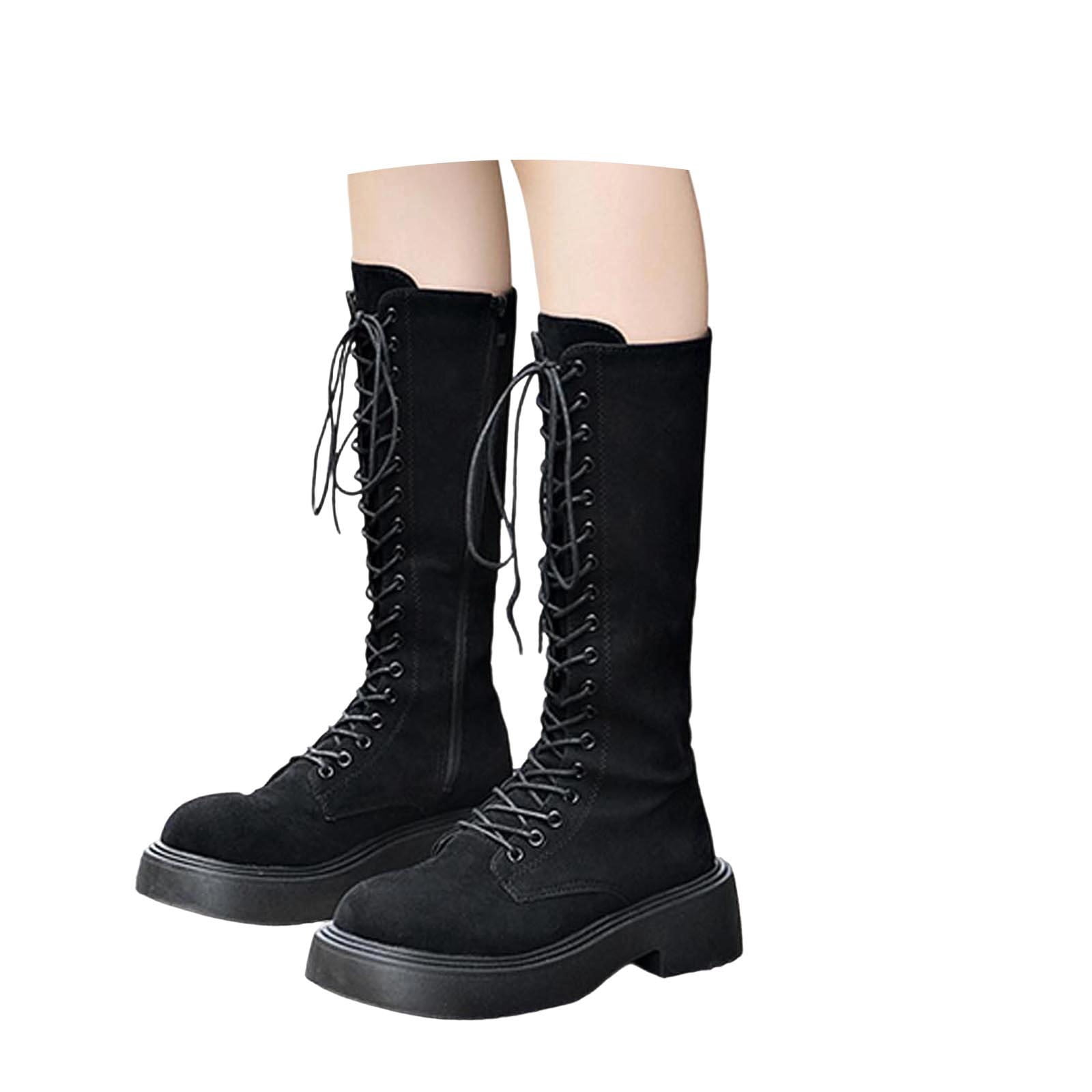 Shadoumai Women Suede Lace-Up Boots Knee High with Heel Comfortable ...