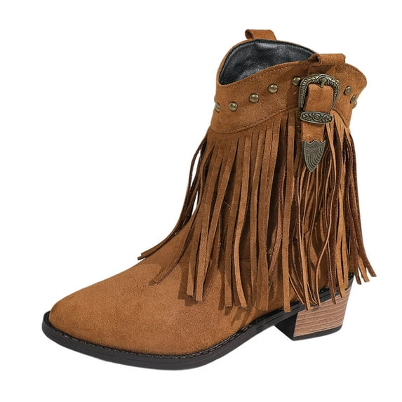 Shadoumai Women Tassel Western Booties Block Heel Suede Cowboy Ankle Boots Fringe Pointed Closed Toe V-Cut Stacked Heel On Short Boots Cowgirl Embroidered Retro