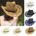 thumbnail image 1 of Shadoumai Women's Bohemian Vintage Cowboy Hat, Hollow Out Breathable Sun Shade Curved Brim Beach Fedora Boho Straw Hat for Vacation, 1 of 4
