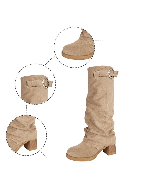 Women's Fold Over Slouchy Boot Suede Knee High Shark Boots Low Heels | 2.71 inches 7cm Comfortable Low Heels,Mid-Calf Suede Slouch Boots, Pull On Boot for Fall & Winter