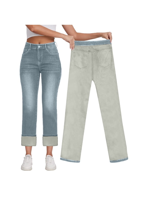 Women's High Waisted Straight Leg Lined Thermal Jeans for Winter Warmth and Comfortable Everyday Wear