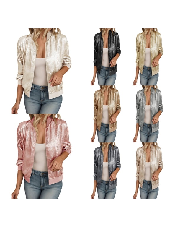 Women's Jackets Metallic Zipper Bomber Party Coats Outwear Lightweight Baseball Collar Jacket Women Dressy Casual Elastic Band Shiny Zip Up Baseball Coat Cropped Sparkly Flight
