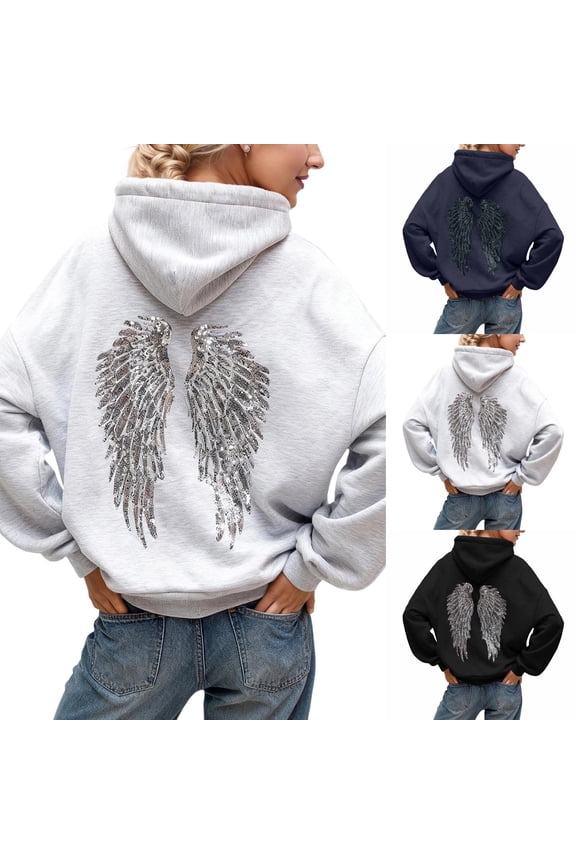 Women's Oversized Sequin Hoodie Trendy Angel Wings Hoodie Sparkly Rhinestone Diamond Graphic Sweatshirt