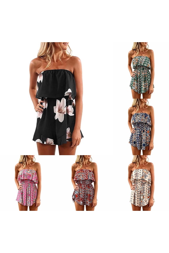 Women's Summer Rompers Off Shoulder Smocked Romper Casual Strapless Ruffle Wide Leg Shorts Jumpsuits