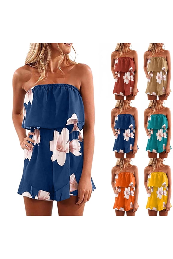 Women's Summer Rompers Off Shoulder Smocked Romper Casual Strapless Ruffle Wide Leg Shorts Jumpsuits