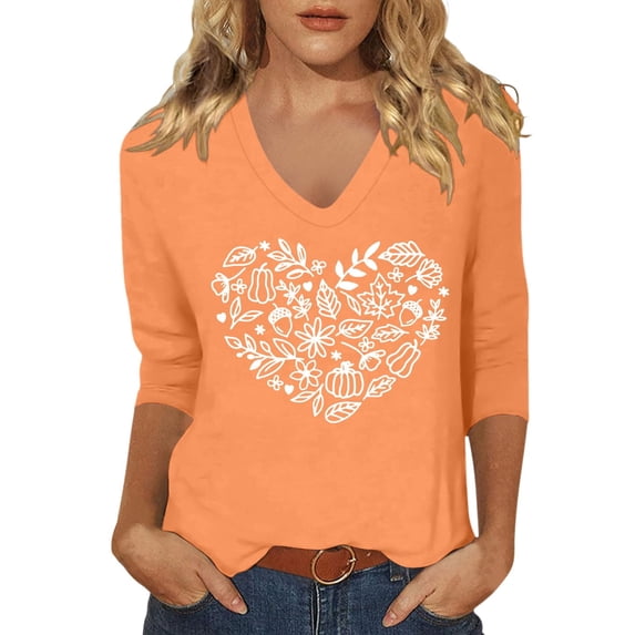 Shadoumai Women's Valentine V Neck Shirt Cute Love Heart Graphic 3/4 Sleeve Tee Casual Couple Tops