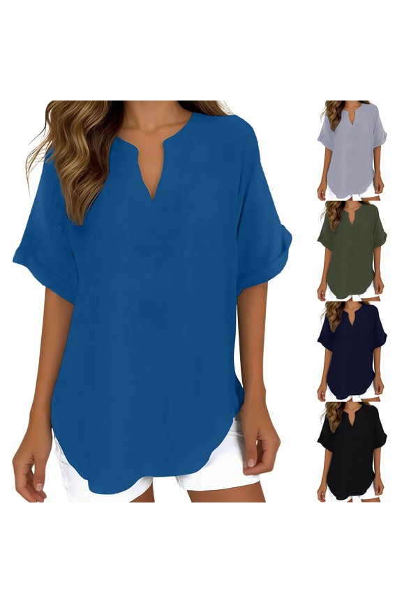 Womens Blouses And Tops Summer Round Neck Short Sleeve T-Shirts Solid Color Shirt Spring Clothes Shirts Comfy Trendy Work Clothes