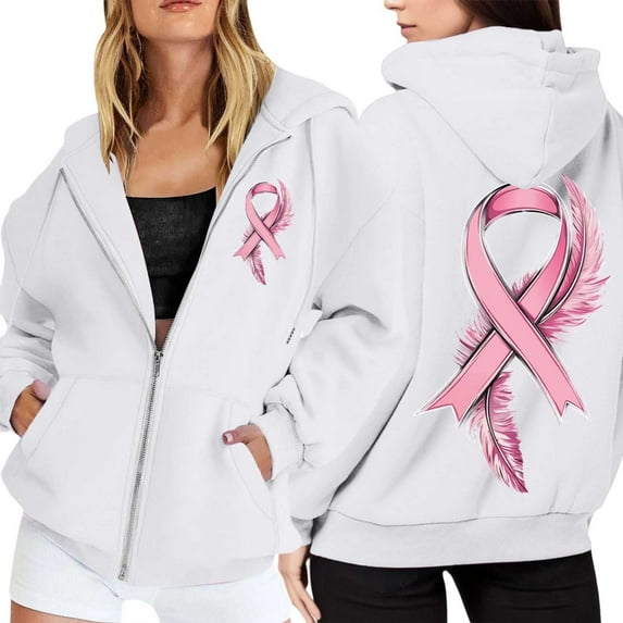 Shadoumai Womens Breast Cancer Awareness Hoodies Full Zip Up Jacket Ribbon Graphic Oversized Sweatshirt Jackets Fall Winter Clothes