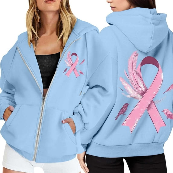 Shadoumai Womens Breast Cancer Awareness Hoodies Full Zip Up Jacket Ribbon Graphic Oversized Sweatshirt Jackets Fall Winter Clothes