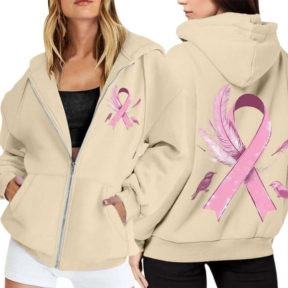 Shadoumai Womens Breast Cancer Awareness Hoodies Full Zip Up Jacket Ribbon Graphic Oversized Sweatshirt Jackets Fall Winter Clothes
