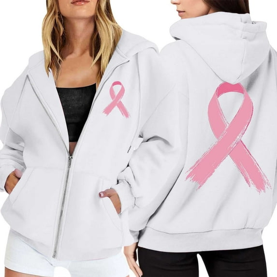Shadoumai Womens Breast Cancer Awareness Hoodies Full Zip Up Jacket Ribbon Graphic Oversized Sweatshirt Jackets Fall Winter Clothes