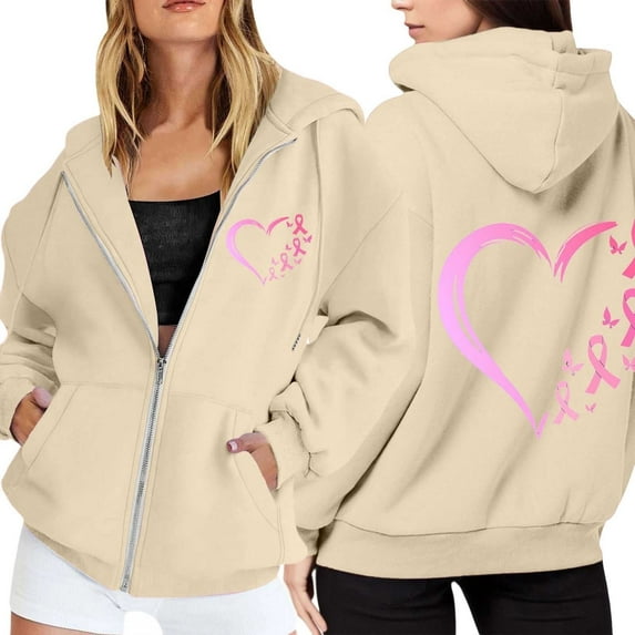 Shadoumai Womens Breast Cancer Awareness Hoodies Full Zip Up Jacket Ribbon Graphic Oversized Sweatshirt Jackets Fall Winter Clothes