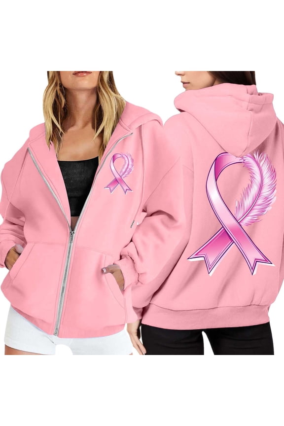 Womens Breast Cancer Awareness Hoodies Full Zip Up Jacket Ribbon Graphic Oversized Sweatshirt Jackets Fall Winter Clothes