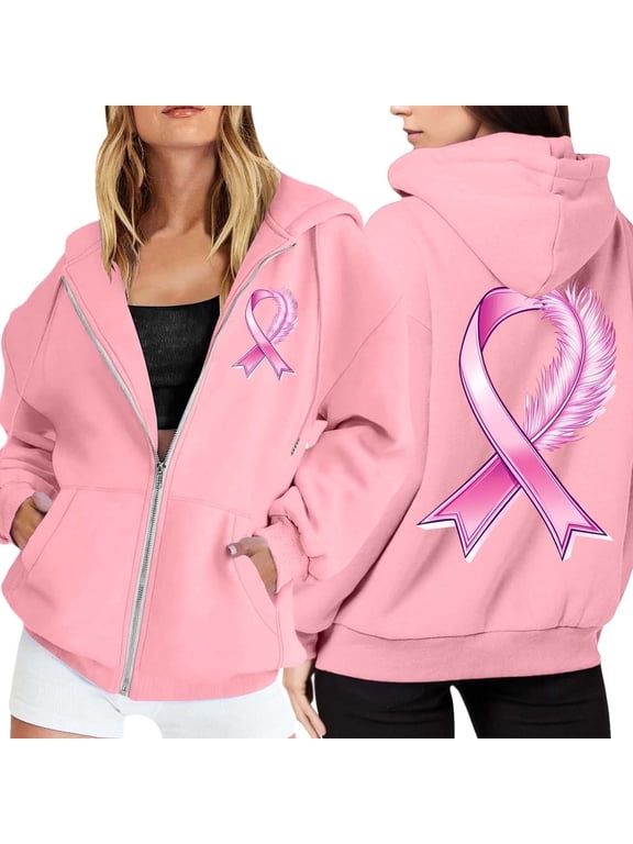 Womens Breast Cancer Awareness Hoodies Full Zip Up Jacket Ribbon Graphic Oversized Sweatshirt Jackets Fall Winter Clothes