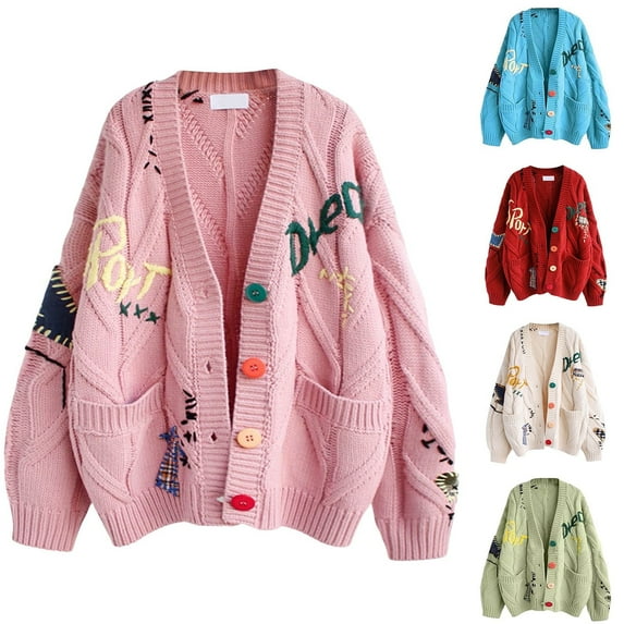 Shadoumai Womens Cable Knitted Open Front Sweater Embroidery Cardigan Button Down Tops V Neck Sweaters Long Sleeve Open Front Loose Coat Cute Casual Warm Fall Winter Clothes