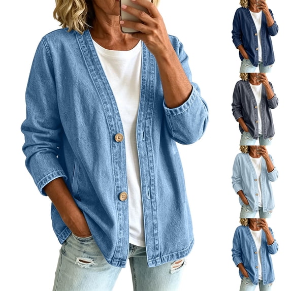 Shadoumai Womens Classic Button Front Breathable Stretch Denim Jacket Relaxed Fit Lightweight Casual Long Sleeve Cardigan Coat