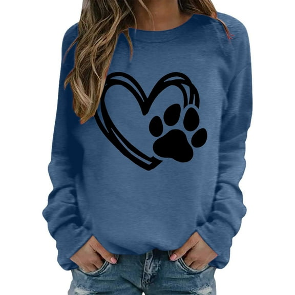 Shadoumai Womens Dog Mama Sweatshirts Dog Paw Print Love Heart Graphics Tops Long Sleeve Crewneck Pullover Casual T-Shirts Fall Winter