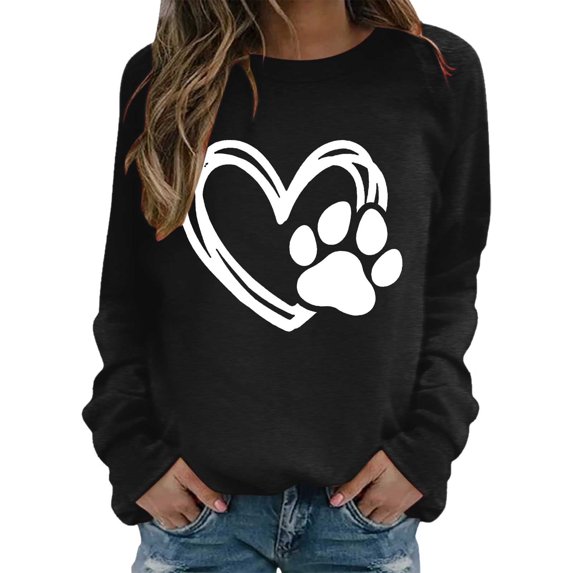 Shadoumai Womens Dog Mama Sweatshirts Dog Paw Print Love Heart Graphics Tops Long Sleeve Crewneck Pullover Casual T-Shirts Fall Winter