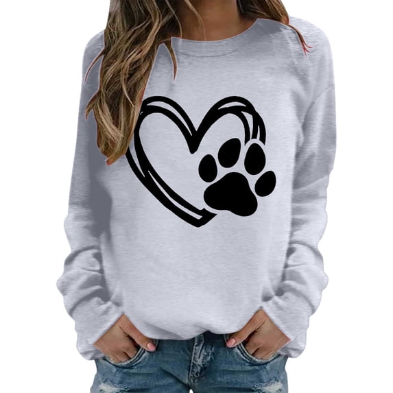 Shadoumai Womens Dog Mama Sweatshirts Dog Paw Print Love Heart Graphics Tops Long Sleeve Crewneck Pullover Casual T-Shirts Fall Winter