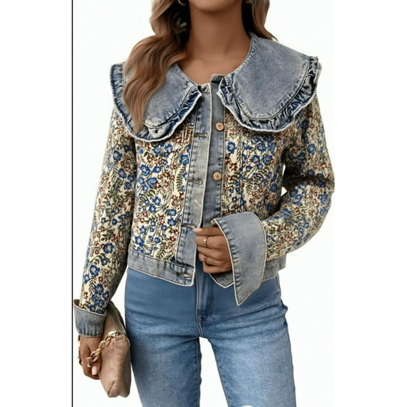Shadoumai Womens Floral Jean Jacket Peter Pan Collar Jacquard Denim Jacket Boho Sweet Long Sleeve embroidered Coat Fall Outfit