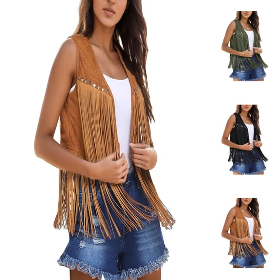 Shadoumai Womens Fringe Vest 70s Hippie Clothes Sleeveless Suede Tassel Cowgirl Western Outfits