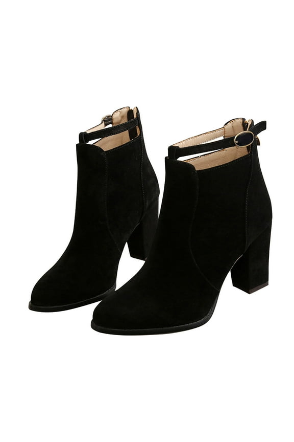 Womens High Heel Ankle Boots Fashion Suede Ankle Strap Buckle Block High Heeled Booties Ladies Dress Mid Calf Dressy Short Boots Shoes for Women