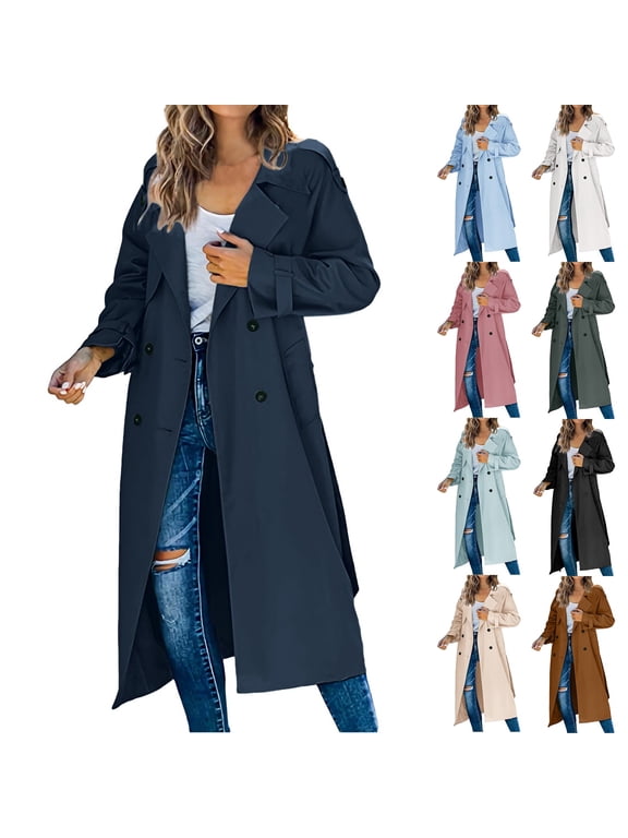 Womens Long Trench Coat Double Breasted Windproof Overcoat With Belt Classic Lape Fall clothing Spring outfits Street outwear