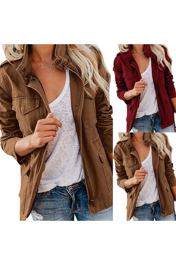 Womens Multi Pockets Military Jacket Women Stand Collar Zip Up Military Safari Jackets Zip Up Snap Buttons Parka Coat