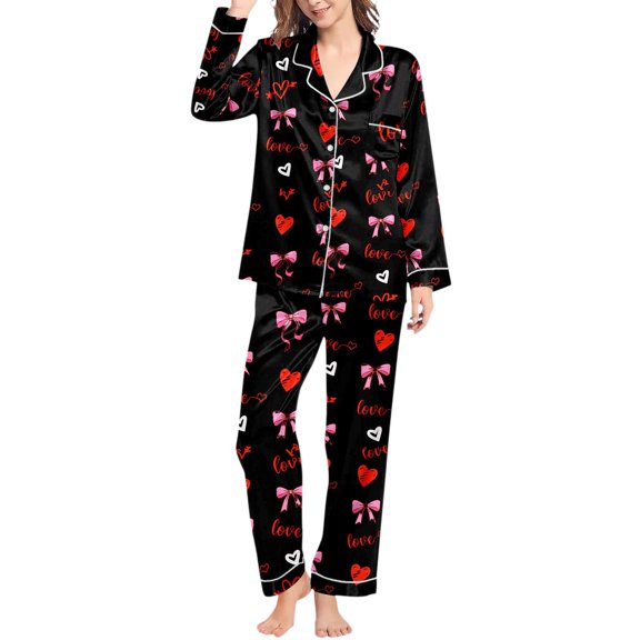 Shadoumai Womens Silk Pajamas Bow Long Sleeve Satin Pajama Set Silky Button Down Fall Pjs Loungewear Sets