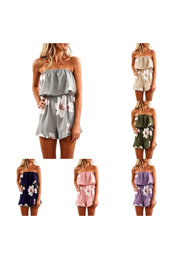 Womens Summer Beach Playsuits Floral Off Shoulder Romper Casual Short Jumpsuit Rompers with Pocket