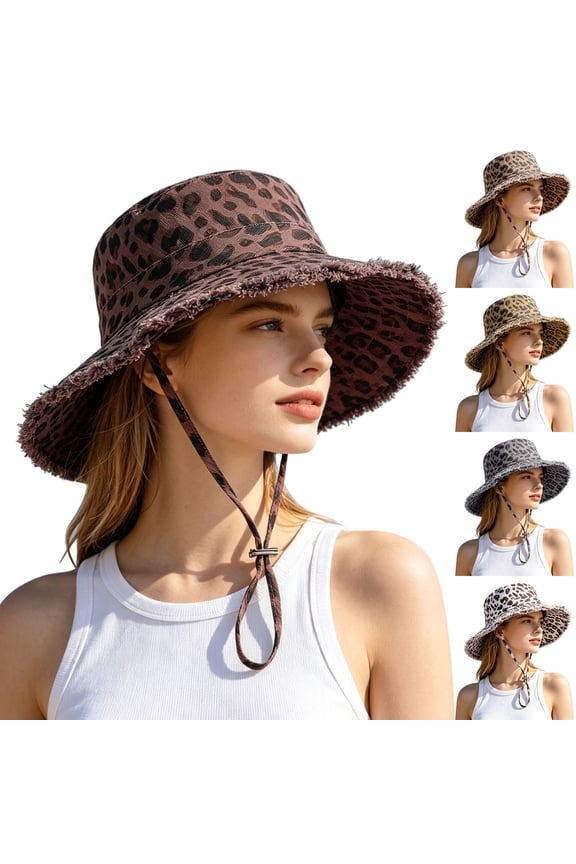 Womens Sun Hat with Leopard Print,Retro Fringed Edges Packable Cotton Bucket Hat Adjustable Outdoor Peaked Cap