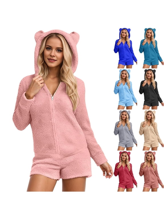 Womens Warm Fuzzy Sherpa Hooded Romper Short Playsuit Jumpsuit Cute Bear Onesie Sleepwear Plus Size Rompers