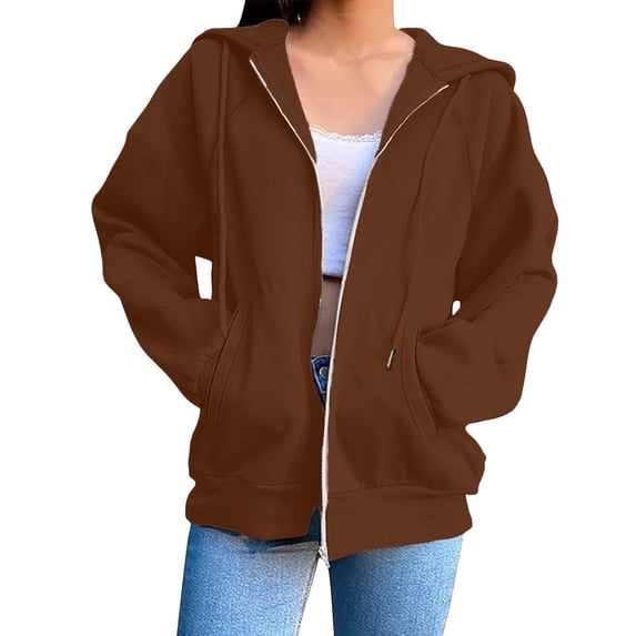 Shadoumai Zip Up Hoodie Women Long Sleeve Fall Winter Plus Size Plain Hooded Sweatshirts Trendy Casual Fashion Jacket With Pockets