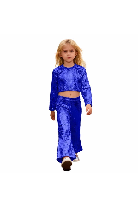 and Shine Girls Performance Two Piece Set with Sequin Top and Flared Pants for Stage Shows