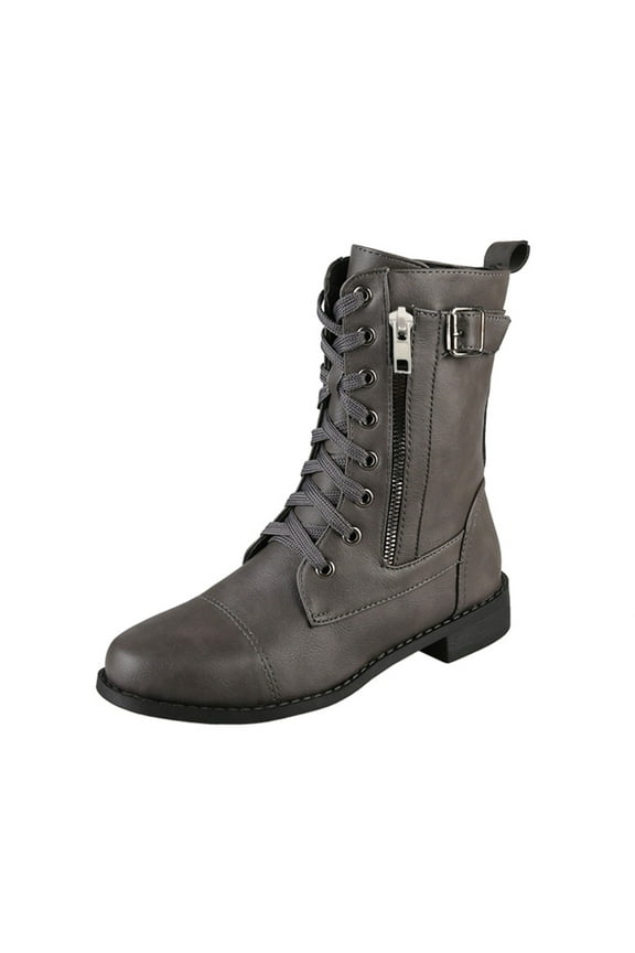 women boots ankle Round Toe Square Heel Lace Up Mid Top Zipper Boots,Leather Non- Ankle Sleeve Low Heel Combat Boots.
