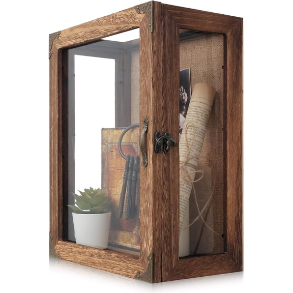 Shadow Box Display Case 11x14 Deep with Glass on 4 Sides, 6.2in Depth Wall Mounted Memory Box for Keepsakes, Wooden Display Case for Graduation Cap, Jersey, Wedding, Medals – Rustic Shadowbox Frame