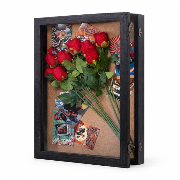 Shadow Box Display Case with Hinged Door, 18x24x3 in, Black Solid Wood, Memorial Keepsake Frame