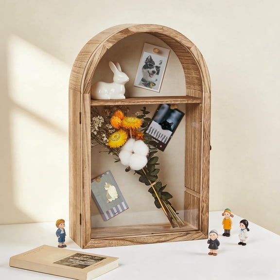 Shadow Box Display Frame – Wood with Acrylic Front, Vintage Arch Memory Display Case for Photos, Medals and Keepsakes – Wall Mount or Tabletop – Natural Wood
