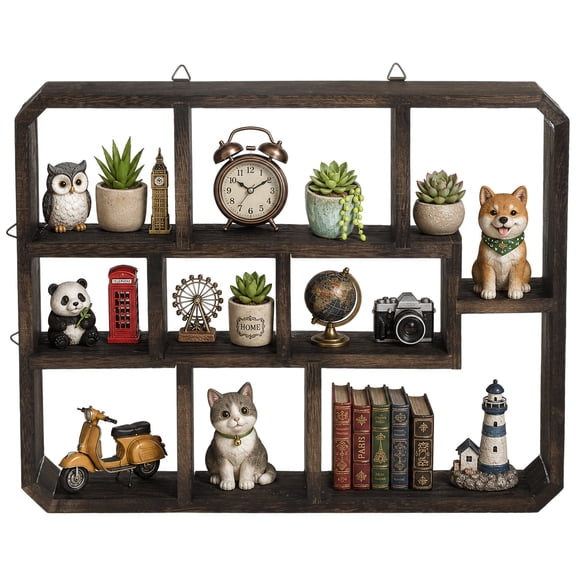 Shadow Box Display Shelf, Wood Display Shelf, 15 x 12.25 x 3 in Wall Mounted Case with 9 Compartments, Multi-Slot Rustic Curio Shelves for Collectibles, Figurines, Home Decor