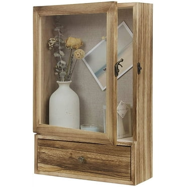 Xinhao 3.2" Deep Shadow Box Frame with Drawer & Glass Front, Rustic Brown Wood Display Case for Memorabilia, Photos, and Medals