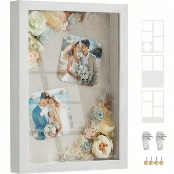 Shadow Box Frame, 1.3-Inch Deep Memory Display Case For Desk Wall Decor, Box Picture Photo Frame With 4 Wood Push Pins, 3 Mats, 2 Non-Trace Nails, Gift