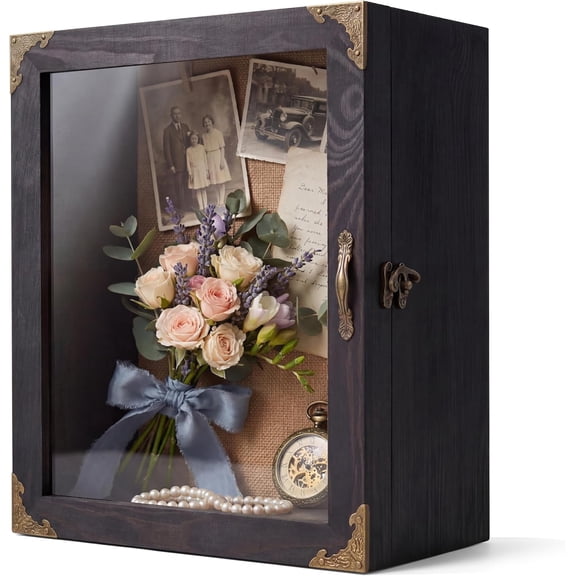 Shadow Box Frame 11x13, Depth 5in Shadow Boxes Display Cases, Acrylic Door, Rustic Burnt Wood, Vintage Metal Accents, Hinged Door, Metal Handle and Latch, Linen Back