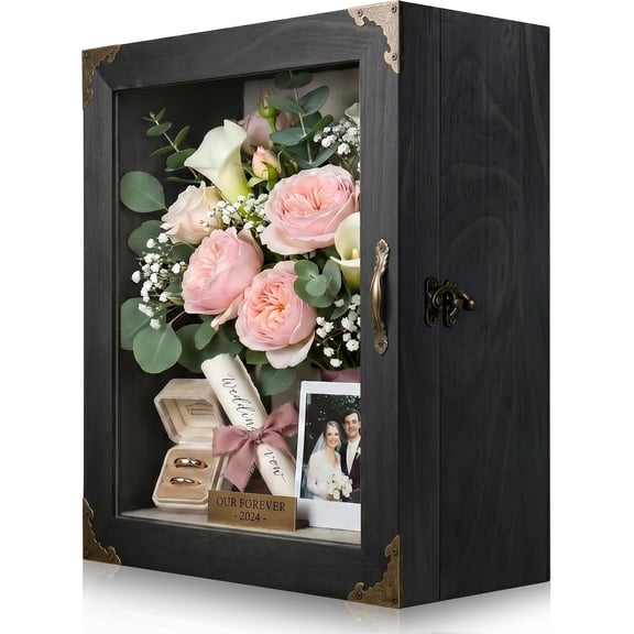 Shadow Box Frame 11x13, Depth 5in Shadow Boxes Display Cases, Rustic Burnt Wood, Vintage Metal Accents, Hinged Door, Metal Handle and Latch, Linen Back